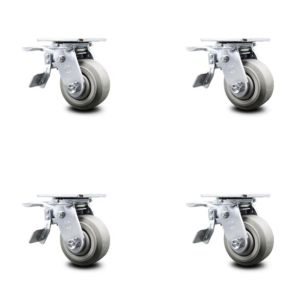 4 Inch Thermoplastic Rubber Caster Set with Ball Bearings and Total Lock Brakes
